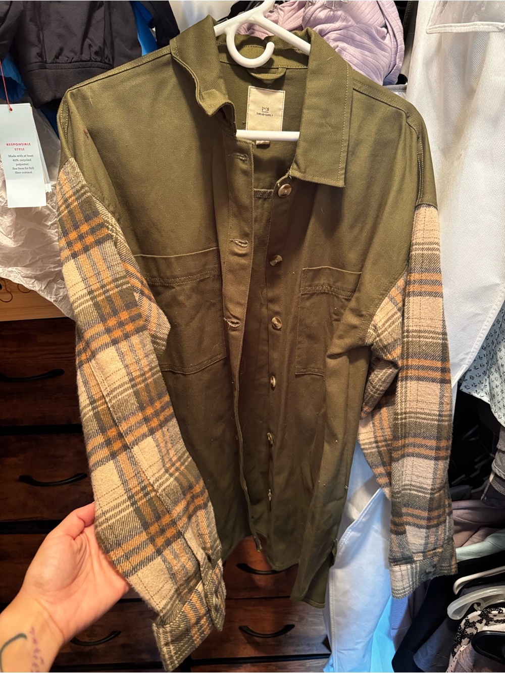 Olive Green Plaid Sleeve Utility Jacket thread supply